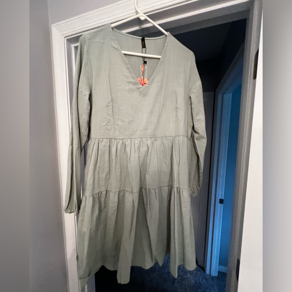 Sage Smock Dress with sleeve